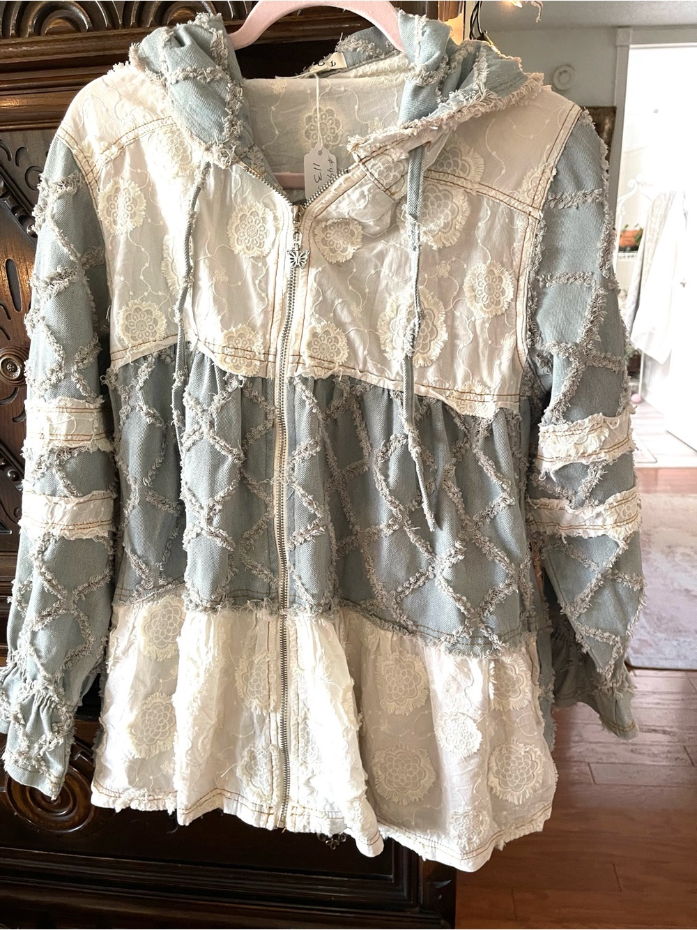 NWT POL Light Blue & Cream Lace-Detail Hooded Bomber Jacket